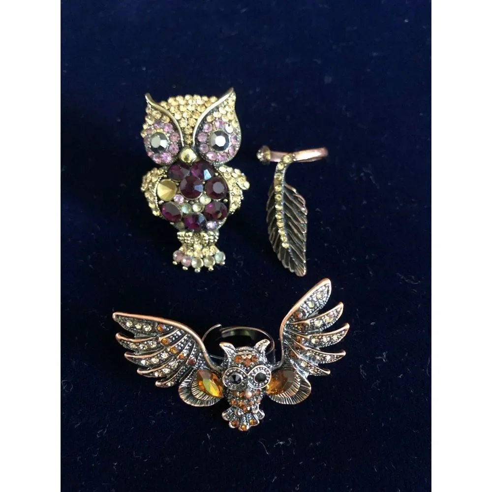 Owl & feather rings bundle gold tone